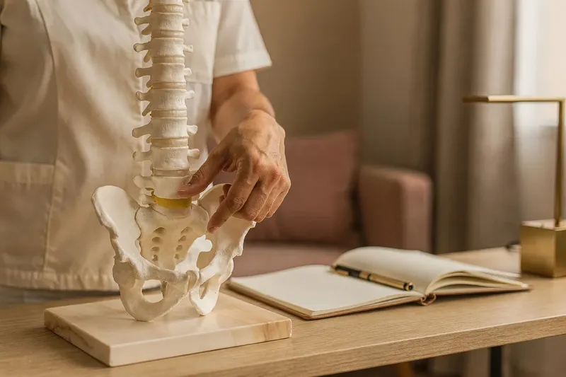 Modelo anatómico de la columna con la mano de la fisioterapeuta señalando la zona lumbar