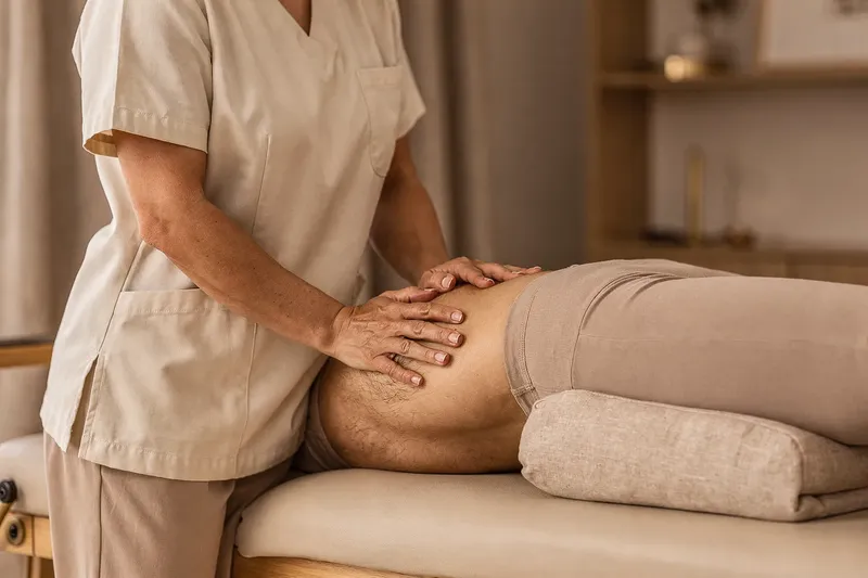 Técnica visceral con las manos sobre el abdomen de un paciente tumbado