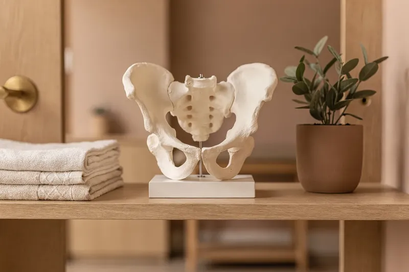 Modelo anatómico de la pelvis en la estantería de la consulta