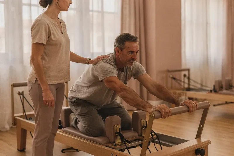 Alumno estirando la espalda en el Reformer con la instructora al lado